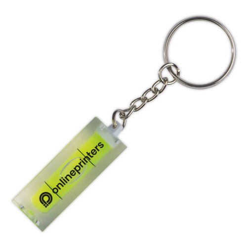 Transparent plastic keychain with bubble level and metal ring.