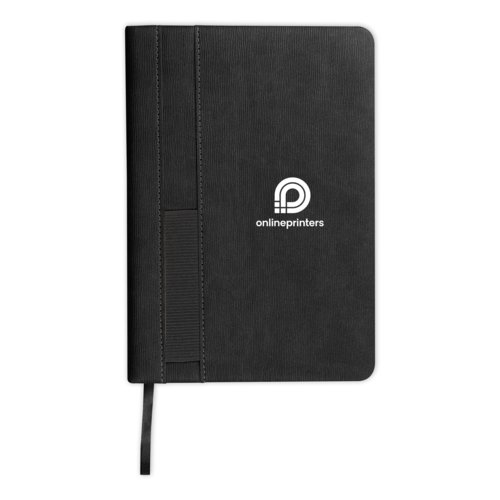 Black notebook with elastic band and ribbon bookmark.