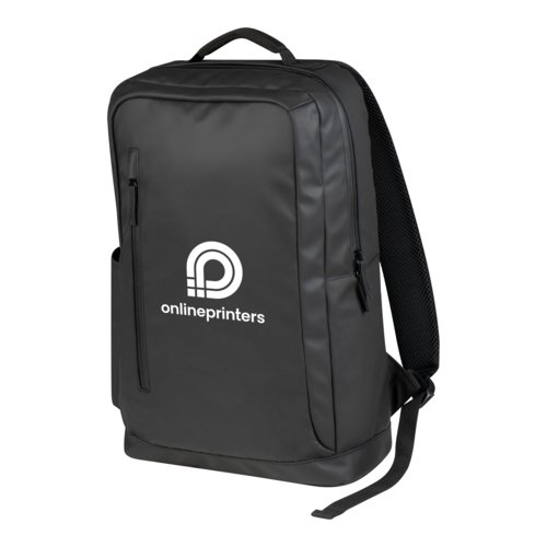Black, waterproof rucksack with zippers.