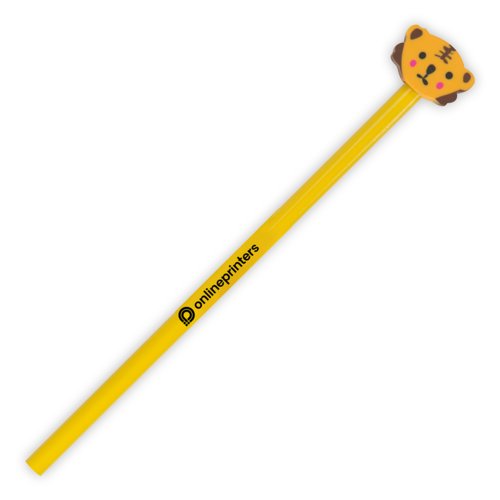Yellow wooden pencil with animal head topper.