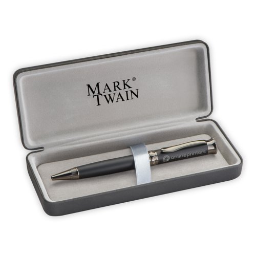 Gray metal ballpoint pen with push mechanism.