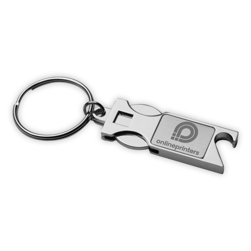 Metal keychain with bottle opener and key ring.