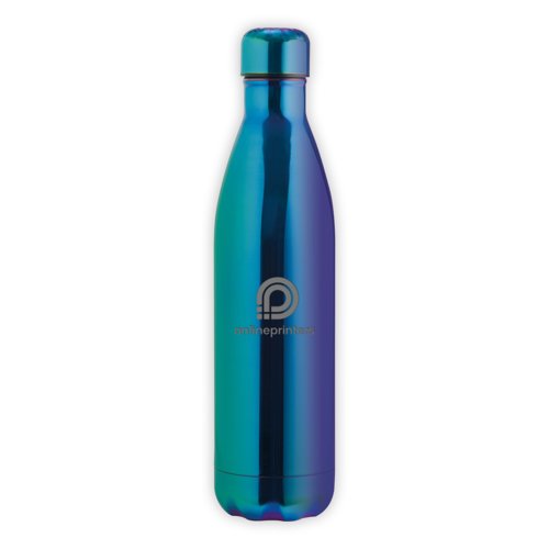 Blue stainless steel water bottle, vacuum insulated with screw cap.
