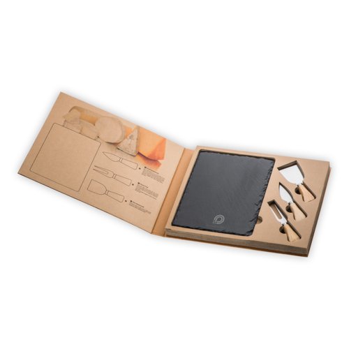 Anthracite cheese set with slate board and cheese knives.