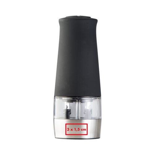 Electric mill made of stainless steel and plastic with grinding mechanism.