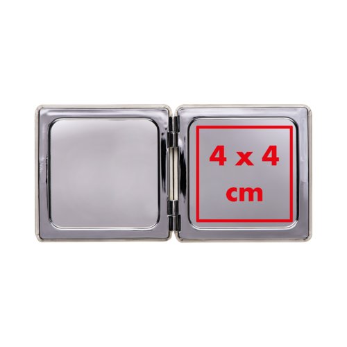Square metal magnifying mirror that folds open.