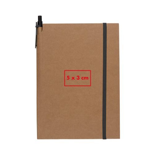Brown notebook with elastic band closure and pen holder.