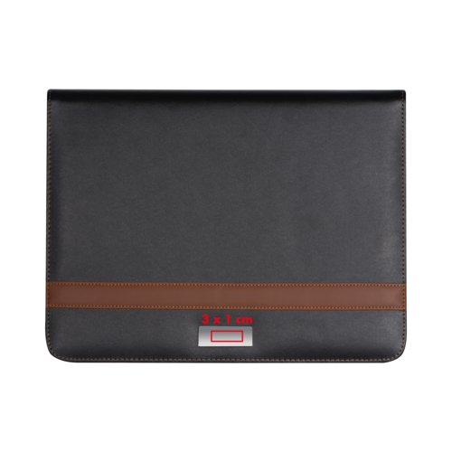 Black faux leather writing case with brown decorative stripe.