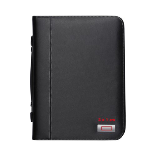 Black writing folder with ring binder mechanism.