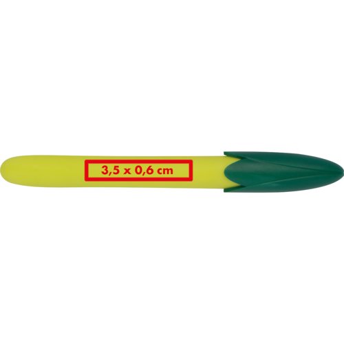 Yellow corn ballpoint pen with clip and push button.