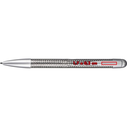 Silver metal ballpoint pen with clip and push-button mechanism.