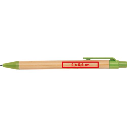 Two-tone bamboo ballpoint pen with clip.