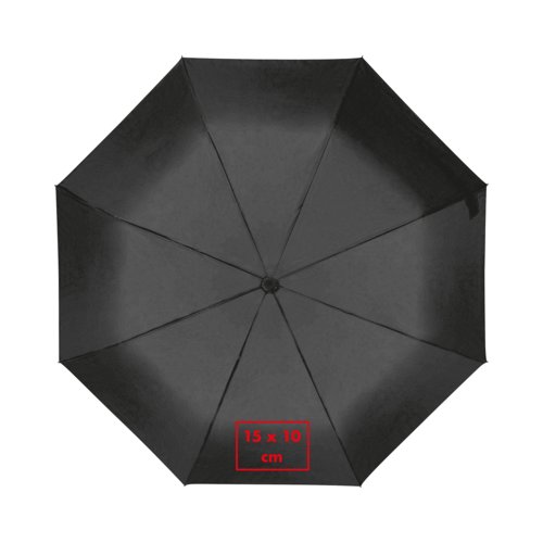 Black umbrella with cover and manual opening mechanism.
