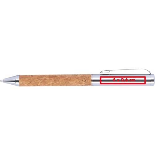 Cork metal ballpoint pen with clip and push mechanism.