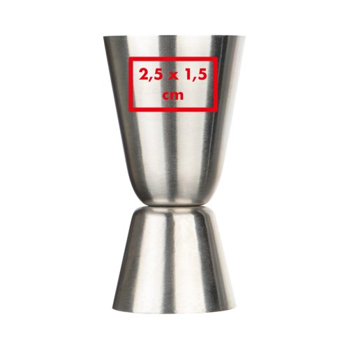 Silver stainless steel jigger with two measuring cups.