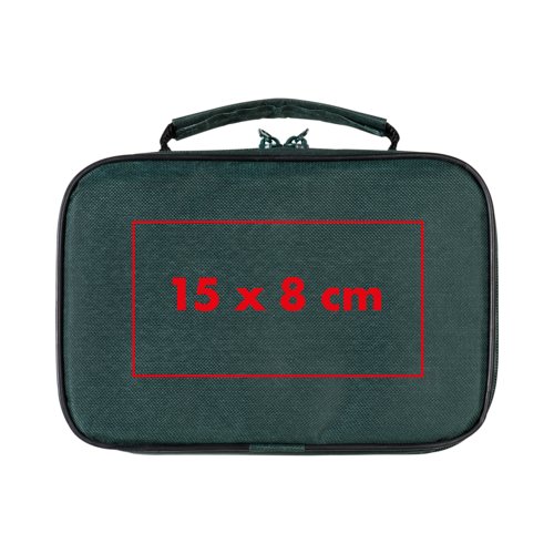 Green bag with zipper and carrying handle.