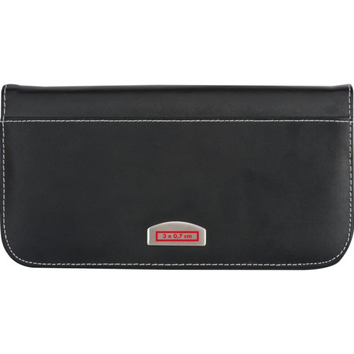 Black faux leather travel wallet with compartments.