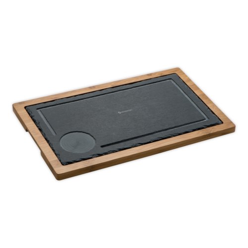 Black bamboo serving board with pattern.