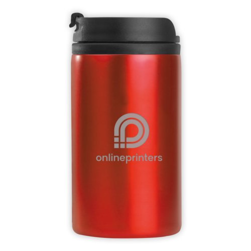 Red metal drinking cup with black lid.
