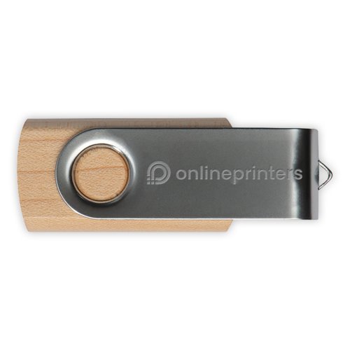Wooden USB stick with rotating metal casing.