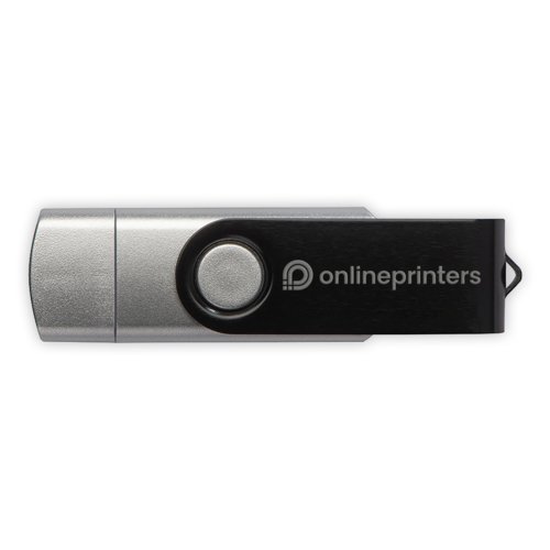 Silver USB stick with twist mechanism and loop.