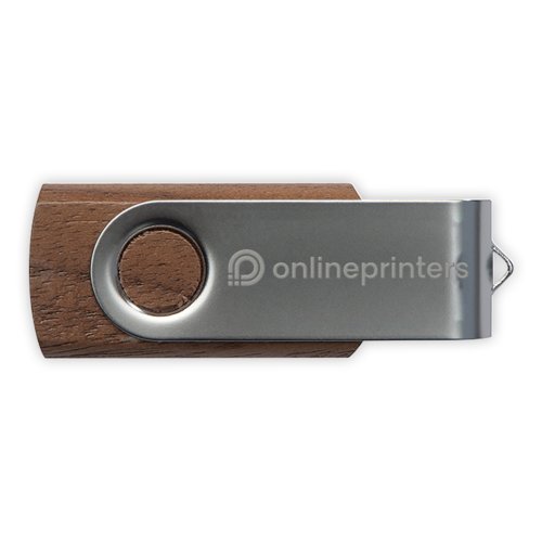 Wooden USB stick with rotating metal case.
