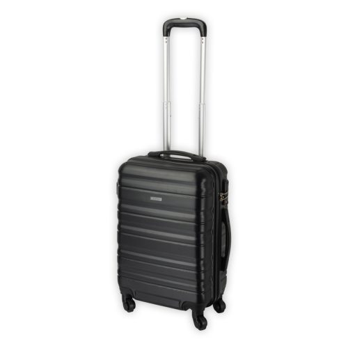 Black hard shell travel trolley with wheels and telescopic handle.