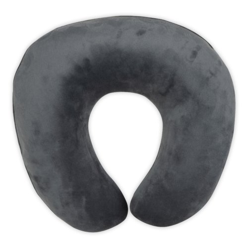 Gray travel set consisting of neck pillow, sleep mask, and earplugs.
