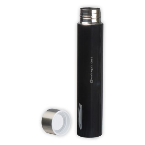 Black stainless steel thermos flask with screw cap.