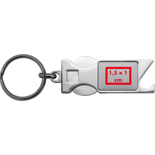 Metal keychain with bottle opener and shopping cart chip.