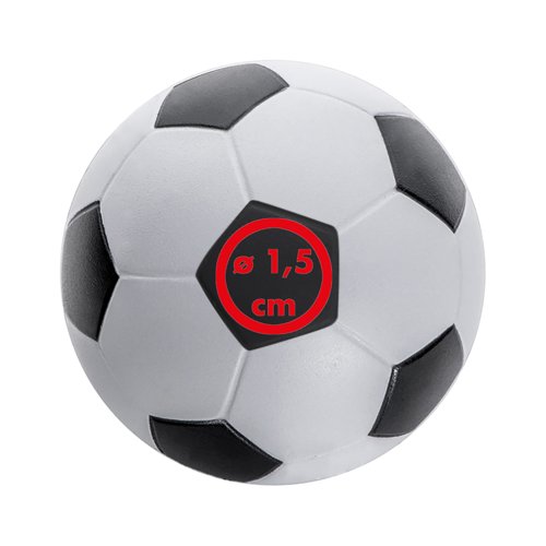 White foam anti-stress ball with soccer ball design.