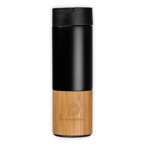 Bamboo and metal vacuum insulated bottle with lid.