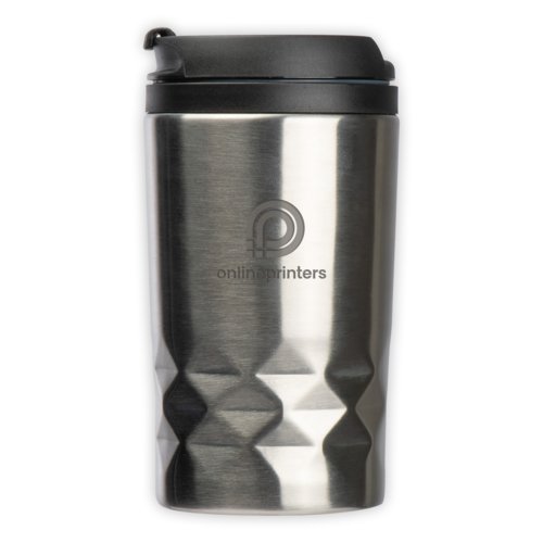Silver stainless steel insulated mug with black lid.