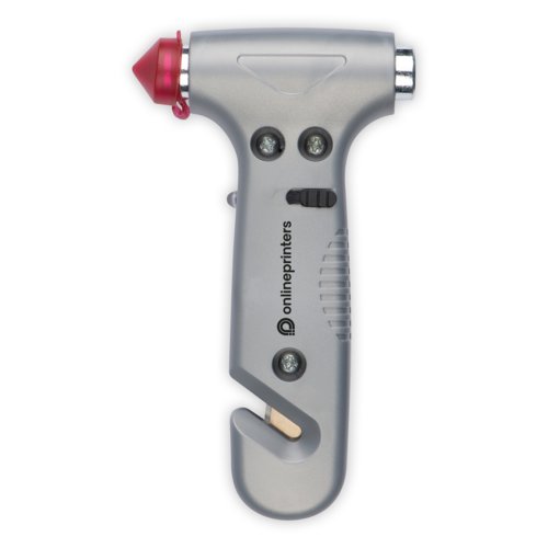 Gray emergency hammer with seat belt cutter and glass breaker.