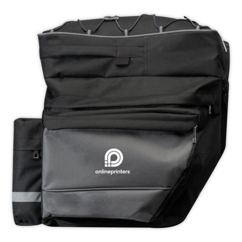 Black bicycle bag made of robust material with side pockets.