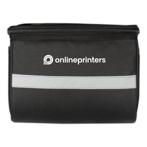 Black bicycle bag with zipper and reflector stripe.