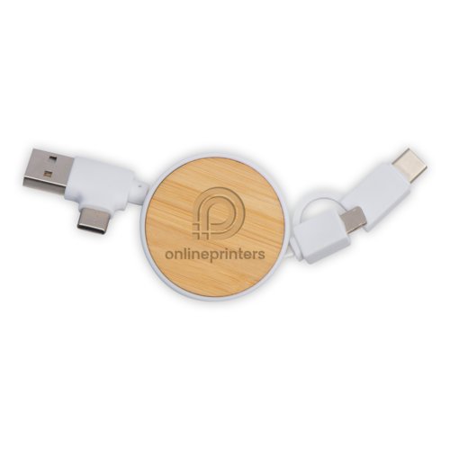 White charging cable with bamboo casing and multiple connectors.