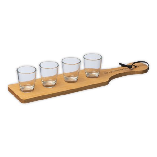 Light wood shot glass set with wood tray and four glasses.