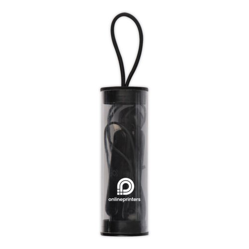 Black Bluetooth headphones with charging case.