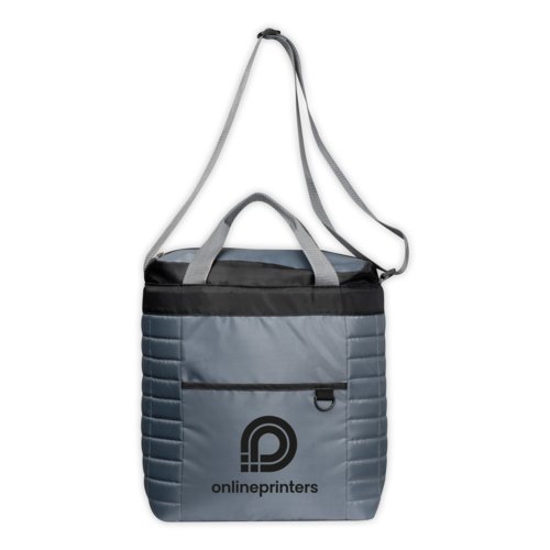 Gray fabric cooler bag with handles and shoulder strap.