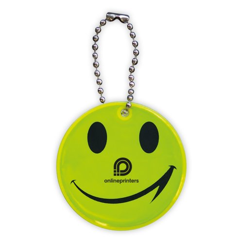 Yellow plastic tag with metal chain.