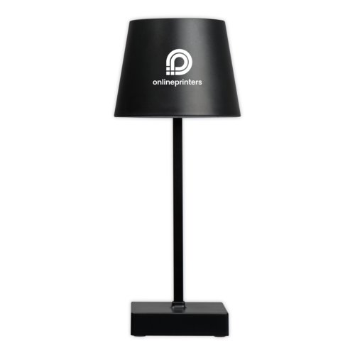 Black table lamp with lampshade and rectangular base.
