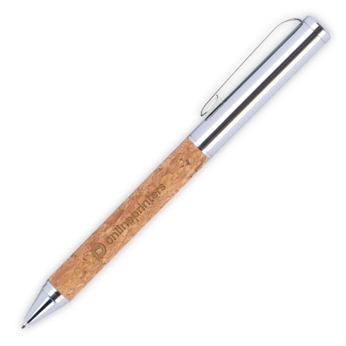 Metal ballpoint pen with cork elements, clip and push mechanism.