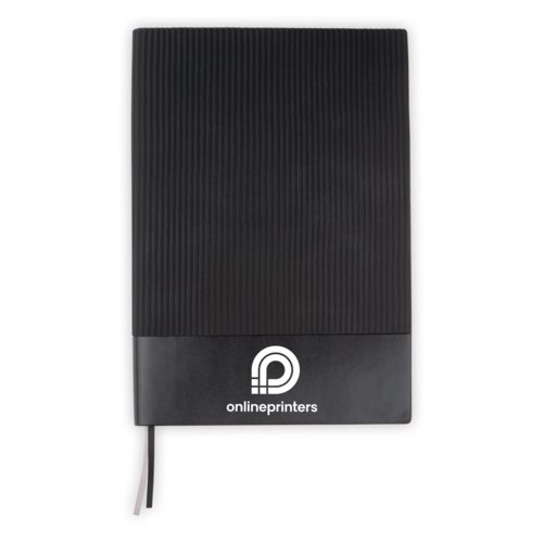 Black notebook with bookmark.