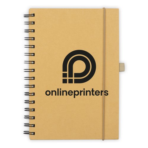 Brown notebook with elastic closure and spiral binding.