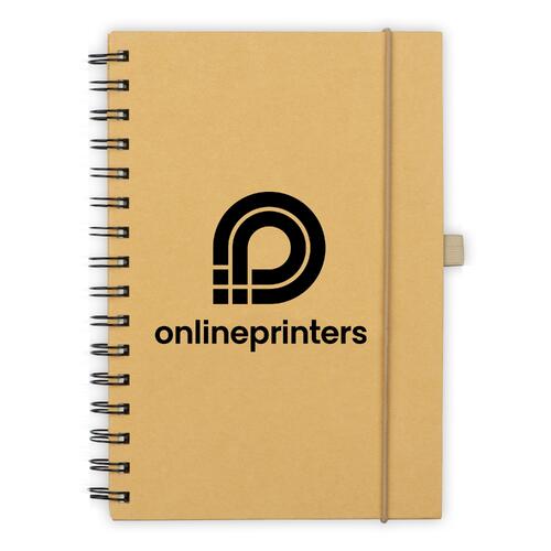 Brown notebook with elastic closure and spiral binding.