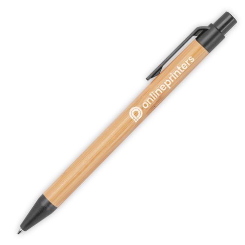 Black bamboo ballpoint pen with clip and push mechanism.
