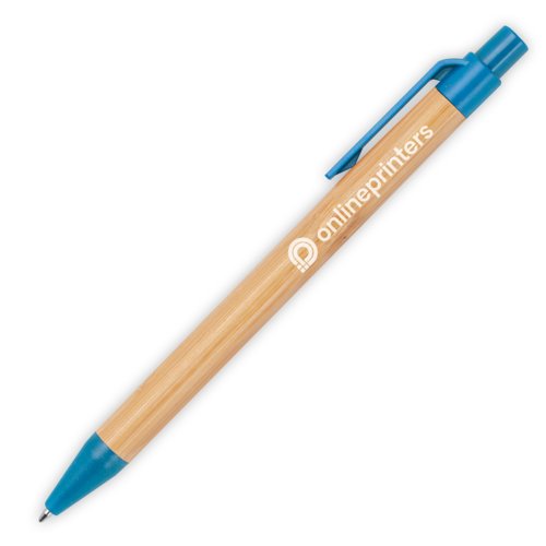 Blue bamboo ballpoint pen with clip and push mechanism.
