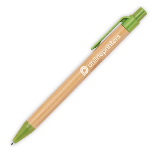 Two-colored bamboo ballpoint pen with clip and push mechanism.