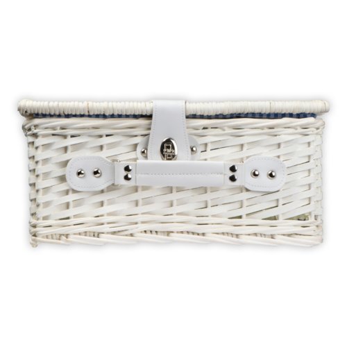 White wicker picnic basket with handle and closure.